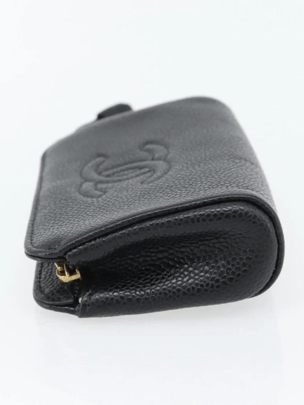 CHANEL COCO Mark Pouch Grained Calf Skin Black Gold CC Auth 181481